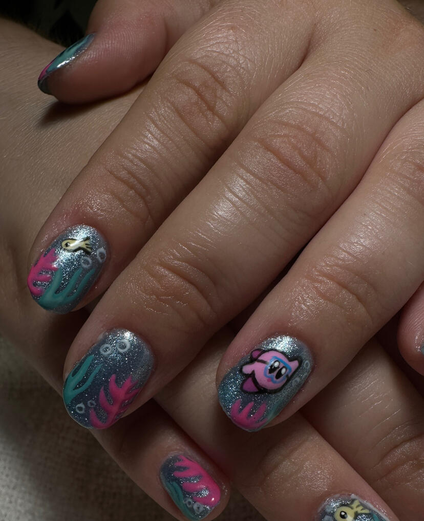 Underwater Kirby inspired set on natural nails